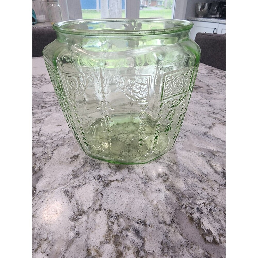 VTG 1930s Green Princess Biscuit Cookie Jar No Lid Uranium Glass - Picture 2 of 7